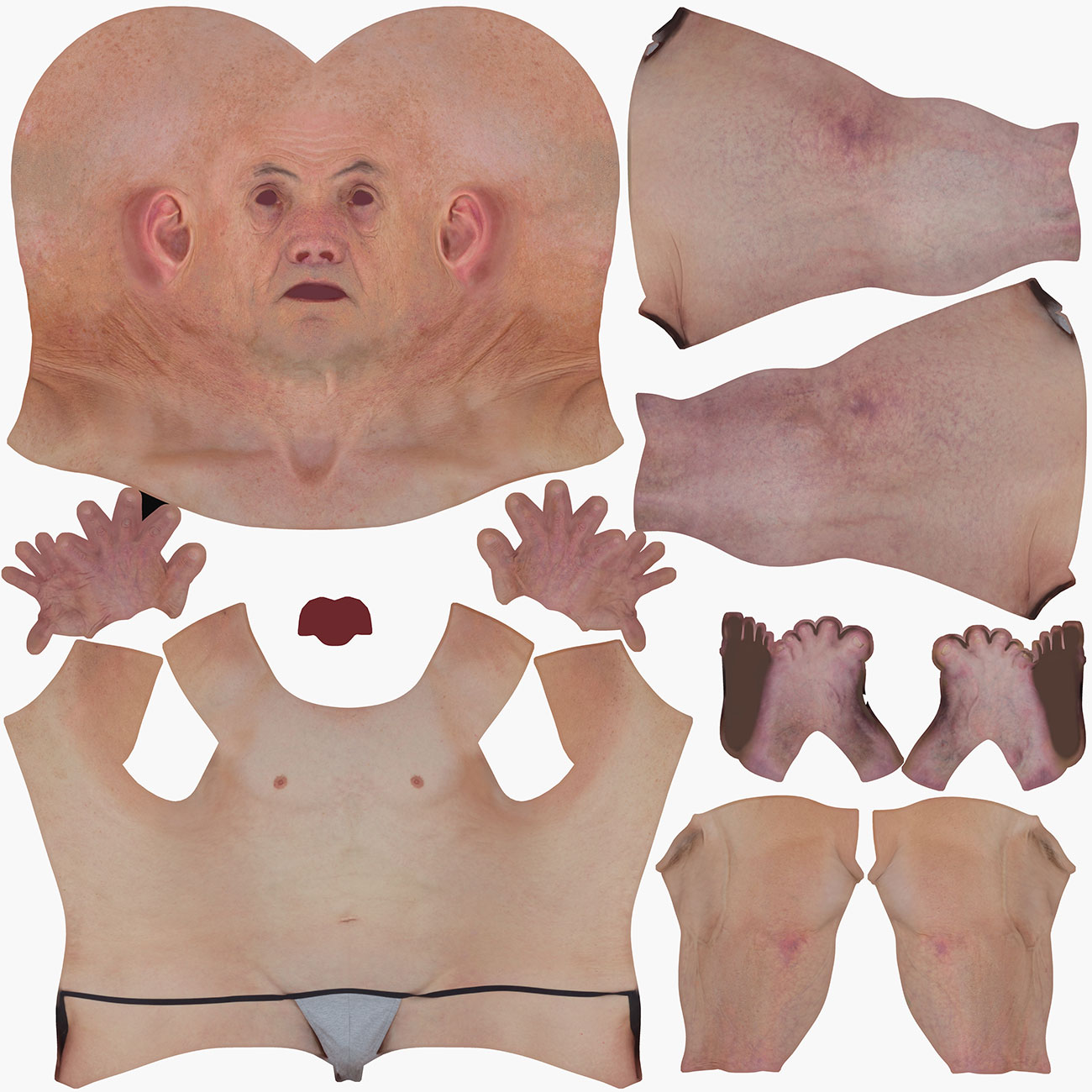 Unwrapped UV map layout for an older male 3D body scan showing texture coordinate arrangement